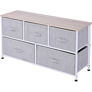 HOMCOM Commode Meuble de Rangement 100 x 30 x 54 cm 5 tiroirs Non-tissés Gris Structure Acier Blanc Bois Clair - Publicité