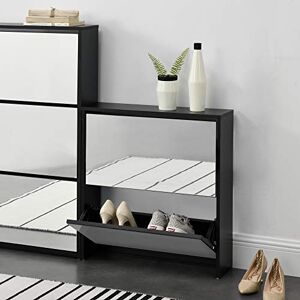 [en.casa] Étagère à Chaussures Design Meuble de Rangement 2 Compartiments Stockage pour 6 Paires Façade Miroir Panneaux de Particules Mélaminés 67 x 63 x 17 cm Noir - Publicité