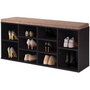 HOMASIS Banc à chaussures avec assise, étagère à chaussures en bois et coussin, étagère de rangement avec 10 compartiments, 2 étagères réglables en hauteur pour entrée, couloir, salon, 104 x 30 x 48 - Publicité