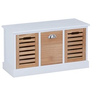 IDIMEX Banc de Rangement TRIENT Meuble Bas Coffre avec 3 caisses de Rangement, en MDF et Bois de Paulownia Finition Blanc et Bois Naturel, Style Vintage Maison de Campagne - Publicité