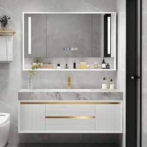 generic Ensemble de meubles de salle de bain blancs, meuble de salle de bain flottant mural avec 2 tiroirs, 5 portes à fermeture douce, lumières LED et fonction de désembuage, ensemble de salle de bain avec - Publicité