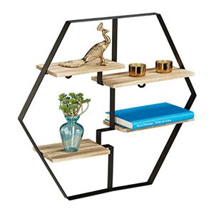 Relaxdays Étagère Murale hexagone 6 côtés Tablette Mur 4 étages, Bois métal fer, hexagonale, 52x60x12 cm, noir/nature, 1 élément - Publicité