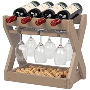 TORVA Casier à vin de comptoir, 4 bouteilles et 6 gobelets pour rangement de vin sur pied, petit organiseur de table en polyéthylène haute densité recyclé pour cave à vin, bar, armoire, cuisine (bois) - Publicité