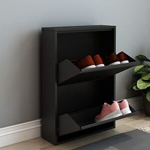 [en.casa] Meuble à Chaussures à Tiroirs Inclinés Étagère de Rangement à 2 Niveaux Range-Chaussures pour Entrée Couloir Métal 71 x 50 x 15 cm Noir - Publicité