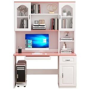 Bureau,Bibliothèque et Bureau en Bois Massif avec Table intégrée pour Chambre de Fille, Combinaison Simple de Bureau et d'étagère (Couleur Rose 100 x 60 x 182,5 cm Solide - Publicité