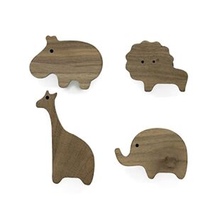 PLT Lot de 4 poignées animales pour meubles d'enfant en bois de noyer non traité Bouton pour commode, armoire, tiroir, porte, chambre d'enfant Idée cadeau (4, éléphant, lion, hippopotame, girafe) - Publicité