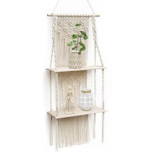 SUMGAR Etagere Murale en Bois Macramé Boheme à Deux étages Design, Etagere Suspendue Corde Flottante de Plantes Interieur,Rangement Decoration pour Salle de Bain Cuisine Chambre Bureau Salon - Publicité