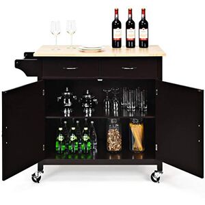 COSTWAY Desserte de Cuisine sur roulettes Plateau en Bois d'hévéa, îlot Chariot de Cuisine Porte-Serviettes, Chariot de Service 2 Tiroirs 1 Armoire Fermée 110x48x90cm (Brun) - Publicité