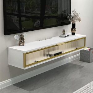 FQWYNMZ Meuble TV Flottant, Meuble TV Mural avec Lumières LED, Meuble TV Suspendu, Table Television Salon avec Tiroir Escamotable, Porte D'armoire en Verre, Console Multimédia (Color : White+Gold, S - Publicité