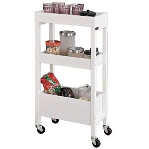 SoBuy ® FKW49-W Tour de Rangement Desserte Chariot de Stockage en Bois Meuble de Rangement – 3 étagères, 4 roulettes – Blanc - Publicité