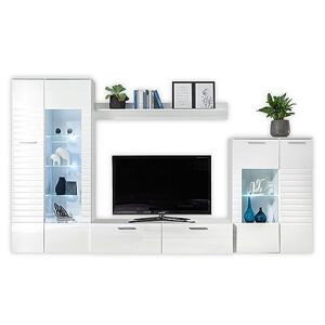 Stella Trading Möbel Akut Ensemble Complet de Meubles New Long en Blanc – Armoire Murale Moderne avec éclairage LED pour Votre Salon, Bois d'ingénierie, 320 x 194 x 44 cm - Publicité