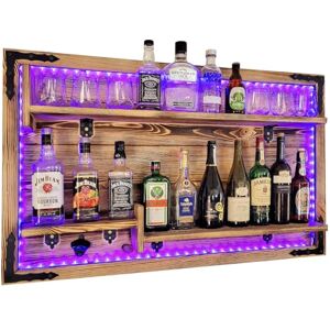 weeco Étagère murale marron Éclairage LED RVB 112 x 72 x 2 cm Wengé Montage mural Buffet d'alcool Support de bar suspendu Gin, whisky, vodka Fait à la main - Publicité