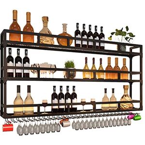 OLins Rangement Multicouche Mural comptoir de Bar rétro Armoire à vin en Fer Support de Bouteille de Verre à vin à l'envers avec Support en Verre et étagère pour Famille de Cave à vin (Trois étages 12 - Publicité