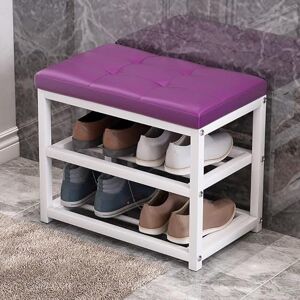 Banc à chaussures, étagère à chaussures à 3 niveaux pour entrée, cadre en acier robuste, couloir, salon, banc de rangement industriel avec siège rembourré et étagère en métal (couleur : cuir violet, - Publicité