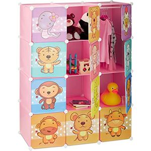 Relaxdays Étagère Rangement Enfants casier modulable Plastique Animaux penderie Armoire Portes Tringle, Rose - Publicité