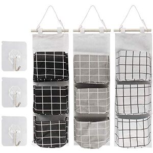 Aipaide Sac de Rangement Suspendu Organisateur Mural en Coton 3 Pcs Sac Suspendu Mural avec 3 Poches pour l'Armoire Salle de Bain Chambre à Coucher avec 3 Crochet Suspendu, Noir Blanc Gris - Publicité