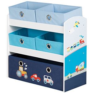 roba Étagère pour Jouets Enfant en Bois Rennfahrer 5 Paniers en Tissu Amovibles Meuble de Rangement pour les Jouets 64 x 30 x 60 cm Motif Véhicules de Transport Bleu - Publicité