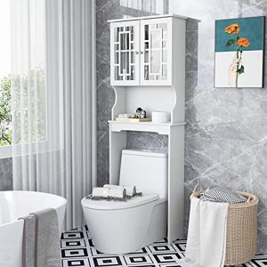 GOPLUS Meuble Étagère de Salle de Bain, Rangement au Dessus des Toilettes WC ou Lave-Linge, Armoire Verre Transparente et Étagère Ouverte, 60x21,5x170,5CM, Blanc - Publicité