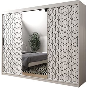 ABIKSMEBLE Armoire à Portes coulissantes Plaster 2 250 Armoire avec Tringle et étagère Armoire avec Miroir de Chambre à Coucher (Blanc Mat + Blanc Mat + Noir Mat, Tiroirs: 0) - Publicité