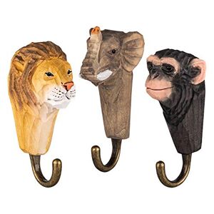 your castle 3 crochets muraux Crochets de garde-robe Porte-manteaux en bois Faune africaine : éléphant, lion et singe, fabriqués artisanalement avec des crochets en métal - Publicité