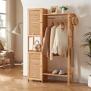 [en.casa] Portant à Vêtements avec Compartiments de Rangement et Barre de Penderie Armoire Ouverte Petit Dressing Style Scandinave pour Chambre Entrée Bambou 164 x 99 x 29 cm Naturel - Publicité