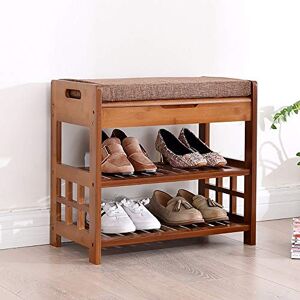 Banc à chaussures en bambou avec siège rembourré – Organiseur de chaussures à 2 niveaux pour entrée, salon, salle de bain – Bancs de rangement multifonctions – 70 x 29,5 x 49 cm - Publicité