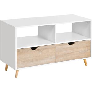 Homcom Meuble TV bas sur pieds style scandinave 2 tiroirs chene clair blanc