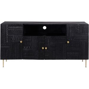 Rendez-Vous Deco Buffet 4 portes en bois grave noir et metal dore