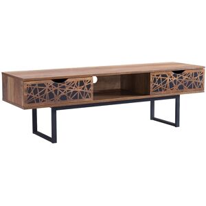 Calicosy Meuble TV 2 tiroirs et 1 niche effet bois et motifs noir - L140 cm Marron 140x43x39cm