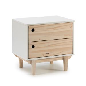 HOMN Table de chevet avec 2 tiroirs en couleur blanc, pieds bois naturel