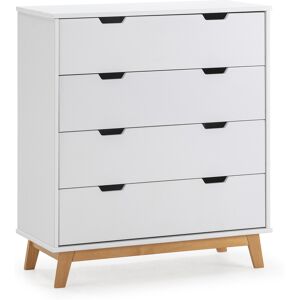 HOMN Commode avec 4 tirois en couleur blanc, pieds en bois naturel