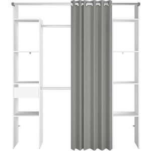 Concept Usine Dressing blanc avec rideau : 2 penderies, 6 etageres et un tiroir Blanc 198x203x40cm