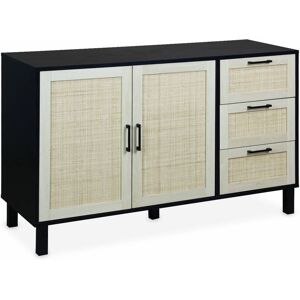 sweeek Buffet noir et cannage 120 x 40 x 75cm - 3 tiroirs, 2 portes Noir 120x75x40cm