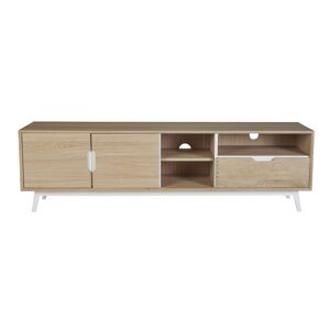 Hellin Meuble TV bas nordique en bois 3 portes 3 niches Blanc 185x55x44cm