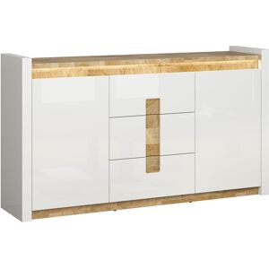 Petits meubles Buffet 2 portes 3 tiroirs avec led blanc laqué et naturel Multicolore 172x97x41cm