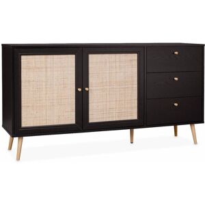 sweeek Buffet de rangement noir en cannage 150 x 39 x 79cm