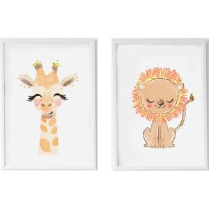 Crochetts Pack encadre bois blanc impression le girafe et lion 43X33 cm