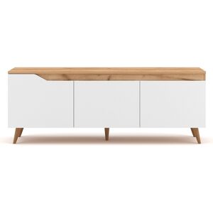 Calicosy Meuble TV scandinave 3 portes L140 cm - Décor bois clair et blanc - Publicité