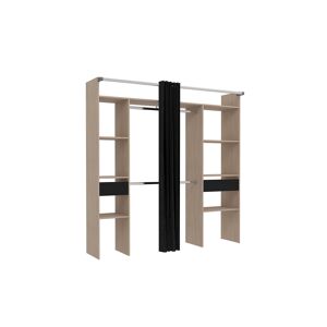 Concept Usine Dressing bois avec rideau noir et 2 penderies, 6 etageres et 2 tiroirs Marron 198x204x40cm