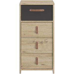 Gami Chiffonnier 4 tiroirs effet bois chene beige poignees cuir marron