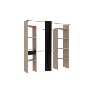 Concept Usine Dressing bois avec rideau gris et 2 penderies, 6 etageres et un tiroir Marron 198x204x40cm