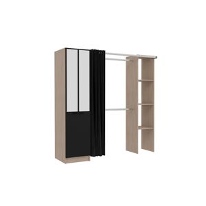 Concept Usine Dressing industriel bois avec rideau noir et 2 penderies et 6 etageres Marron 180x180x54cm