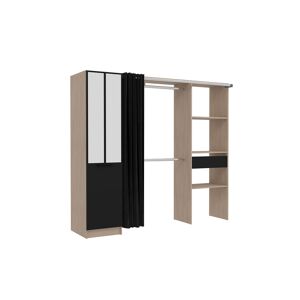 Concept Usine Dressing industriel bois, rideau noir, 2 penderies, 6 etageres et 1 ti Marron 202x180x54cm