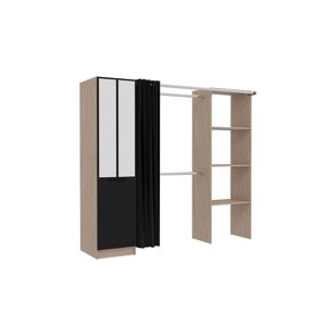 Concept Usine Dressing industriel bois avec rideau noir et 2 penderies et 6 etageres Marron 202x180x54cm
