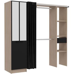 Concept Usine Dressing industriel bois, rideau noir, 2 penderies, 6 etageres et 1 ti Marron 180x180x54cm