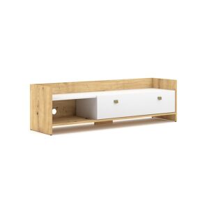 Calicosy Meuble TV 2 niches et porte rabattable effet bois - L140 x H37 cm