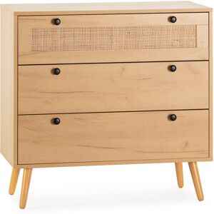 HOMN Commode nuit 3 tiroirs couleur chene avec rotin naturel