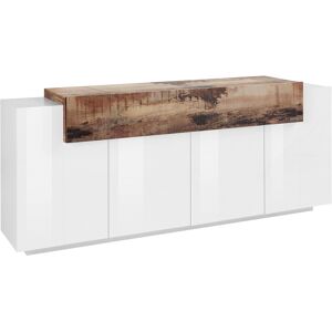 Dmora Buffet 4 portes en blanc brillant et effet bois d'erable