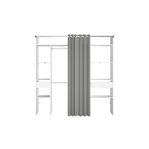 Concept Usine Dressing blanc avec rideau gris 2 penderies, 6 etageres 2 tiroirs Blanc 198x203x40cm