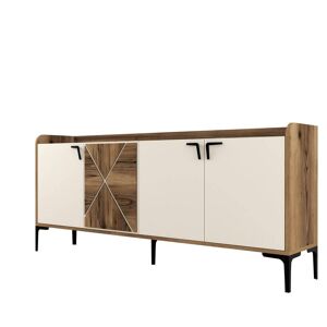 Menzzo Buffet bas 4 portes 180cm bois naturel et blanc creme et metal noir